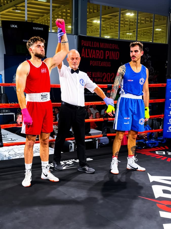 Victoria por decisión en un combate amateur, con el brazo en alto sobre el ring